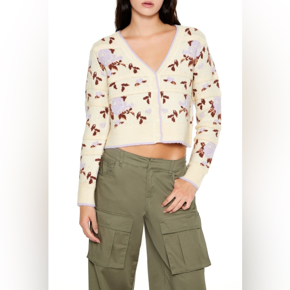 NWT! Forever 21 Floral Print Cardigan Cream and Purple Small Cottagecore